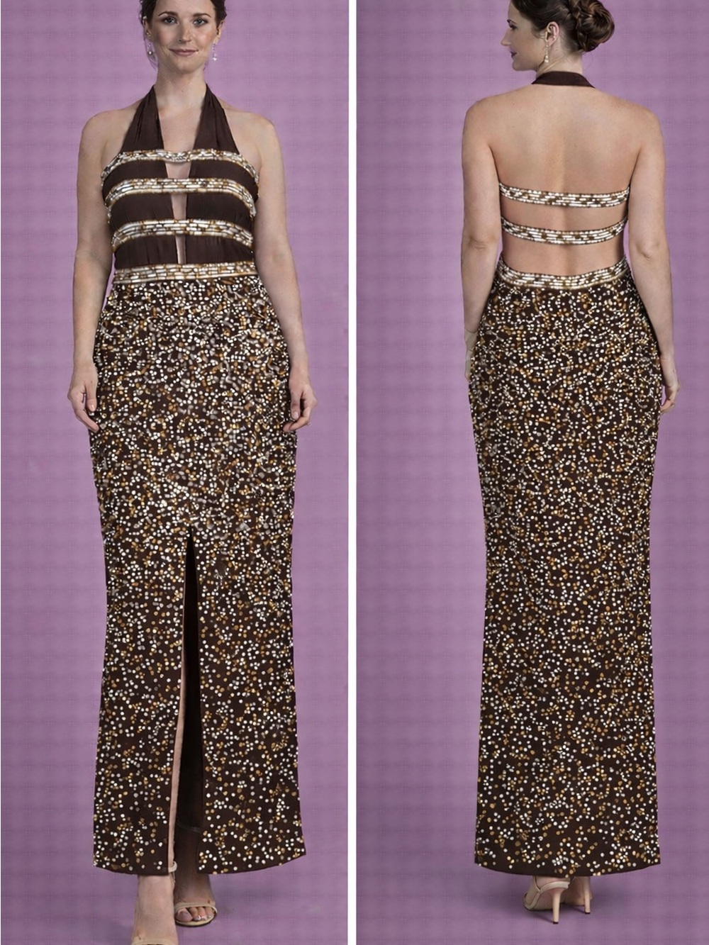 Backless Brown Halter Sequin Evening Dress